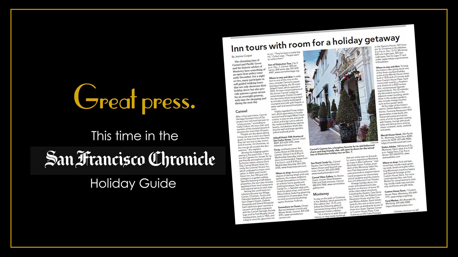 Cypress Inn - San Francisco Chronicle Holiday Getaway Press